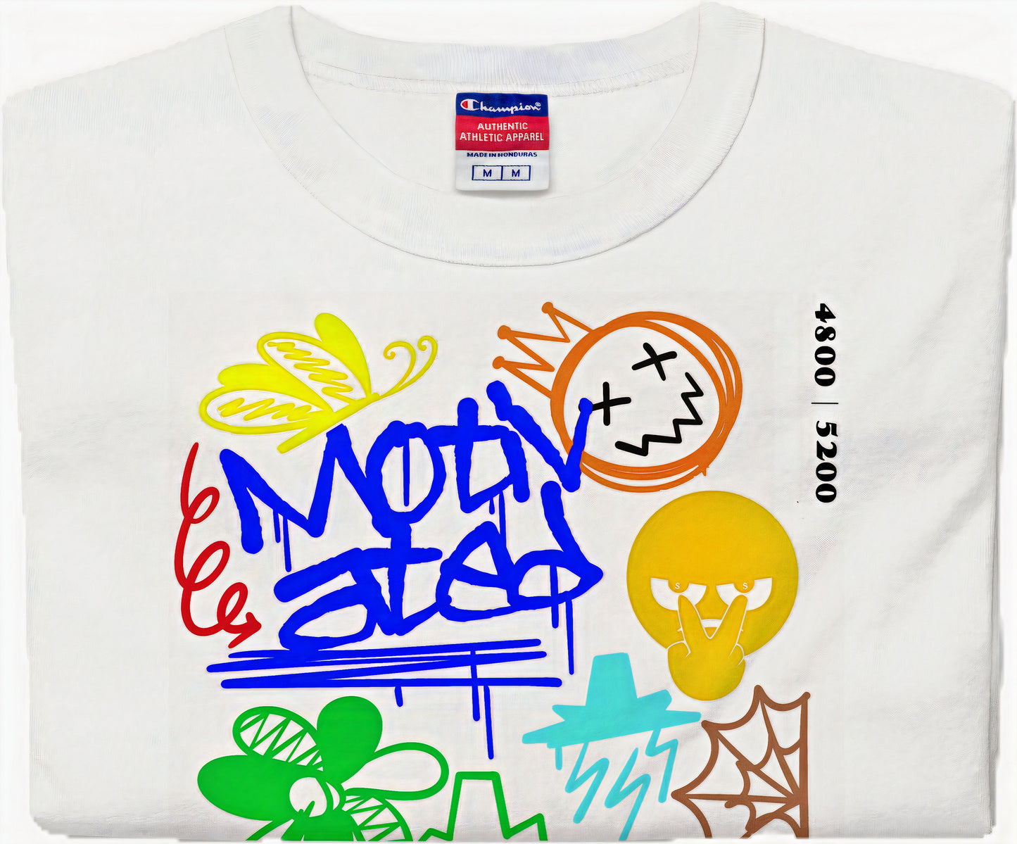 Champion x Focus Rich Clothing Motivated white t-shirt with symbols of resilience, focus, growth, and personal motivation